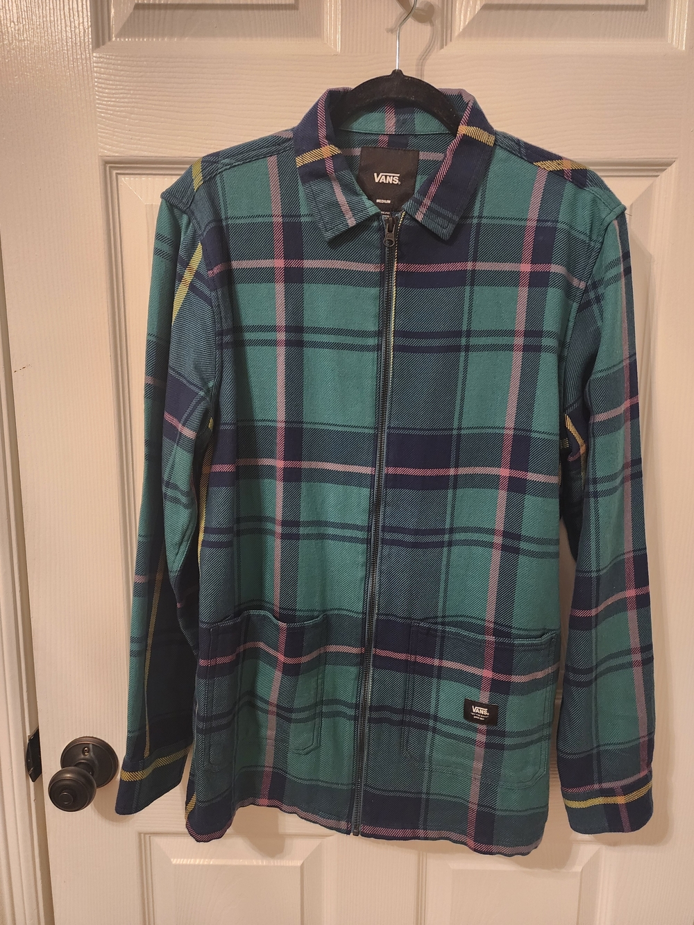 Vans Teal, Navy and Pink Plaid Flannel Zip Shirt Jacket Shacket